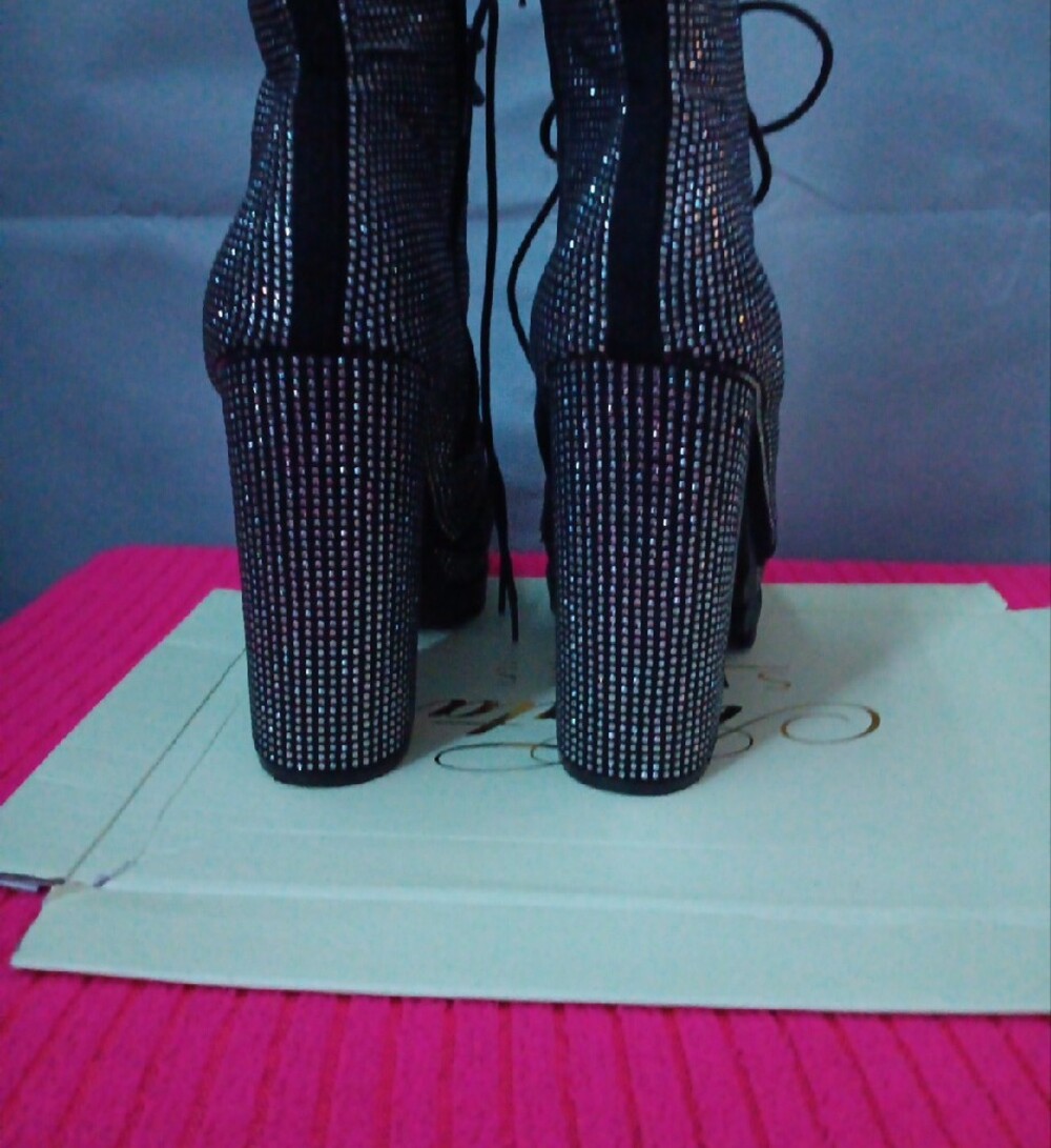 Rhinestone Platform Ankle Boots - Black - Picture 2 of 6